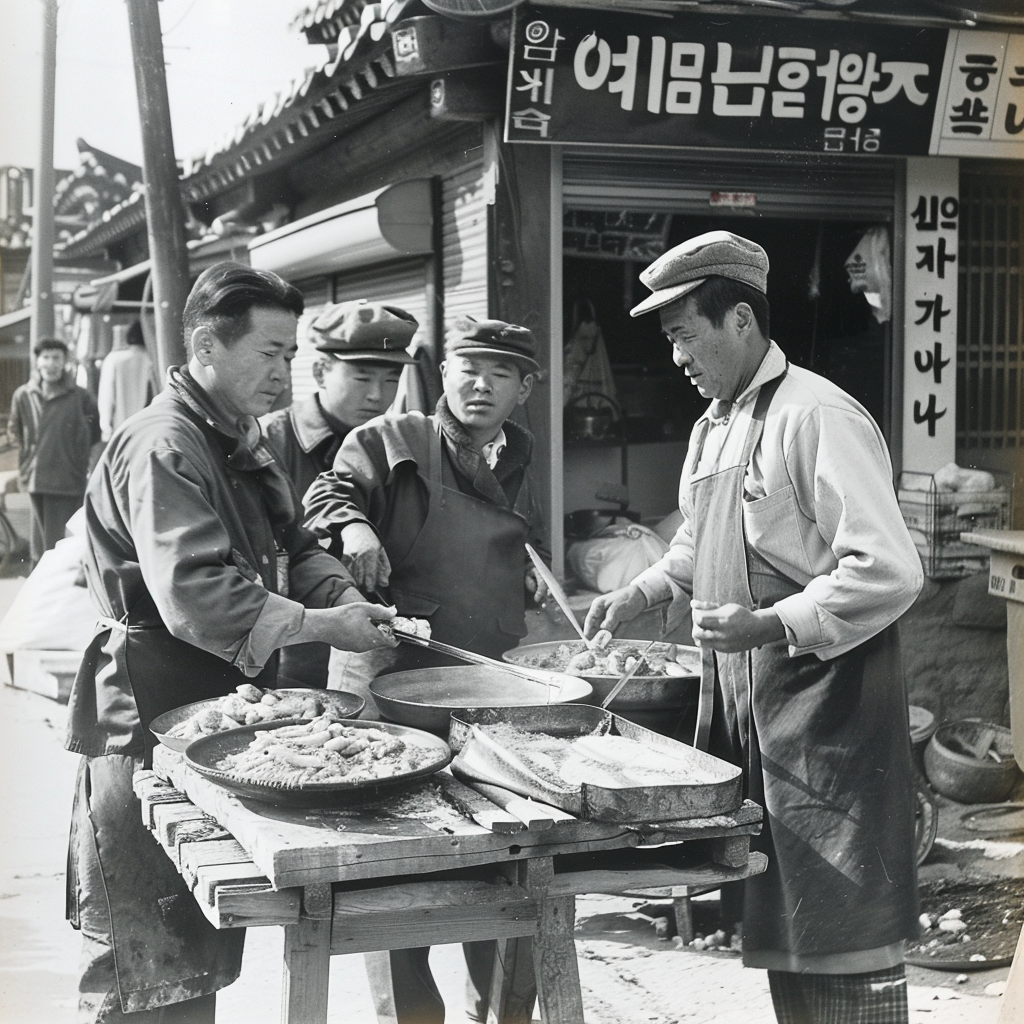 An old black and white photo of Sindang-dong's first Tteokbokki vendors.