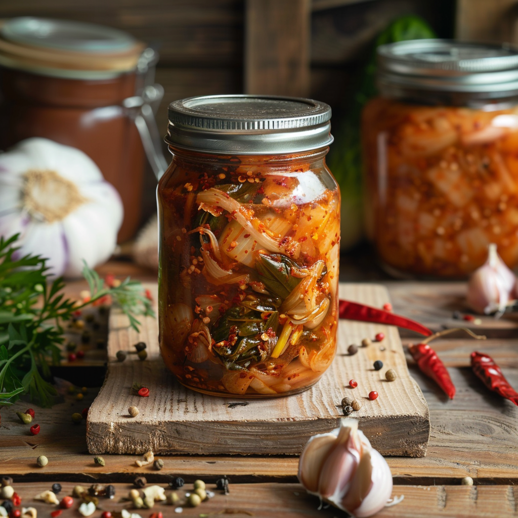 Artistic shot of a kimchi jar on a wooden table, with ingredients scattered around (cabbage, chili peppers, garlic), symbolizing homemade quality — rustic and authentic