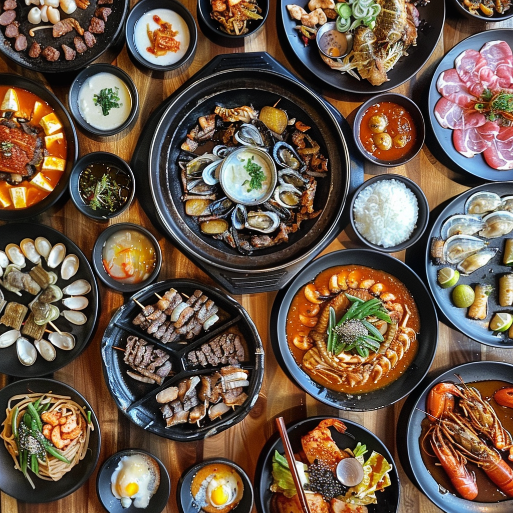 A table full of various Korean dishes, including BBQ and seafood.