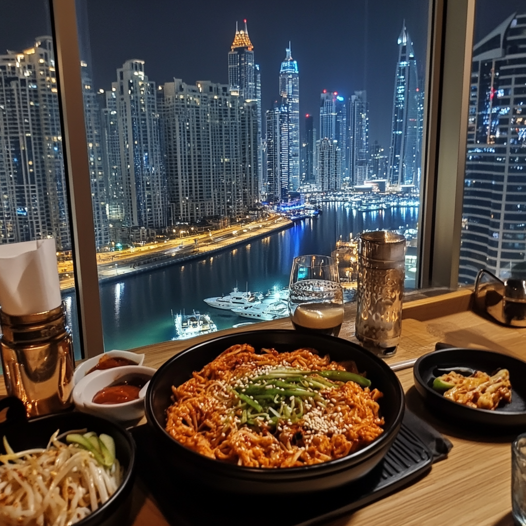 a table with food on it and a view of a city in the background