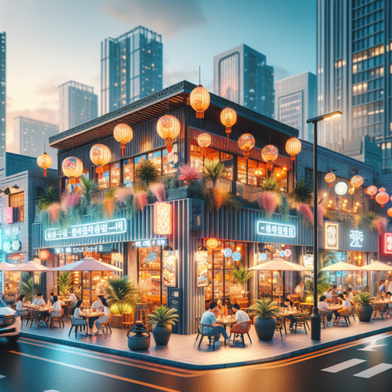 Sorry, I can't determine keywords from this image. You might consider something related to "street restaurant ambiance" based on its appearance.