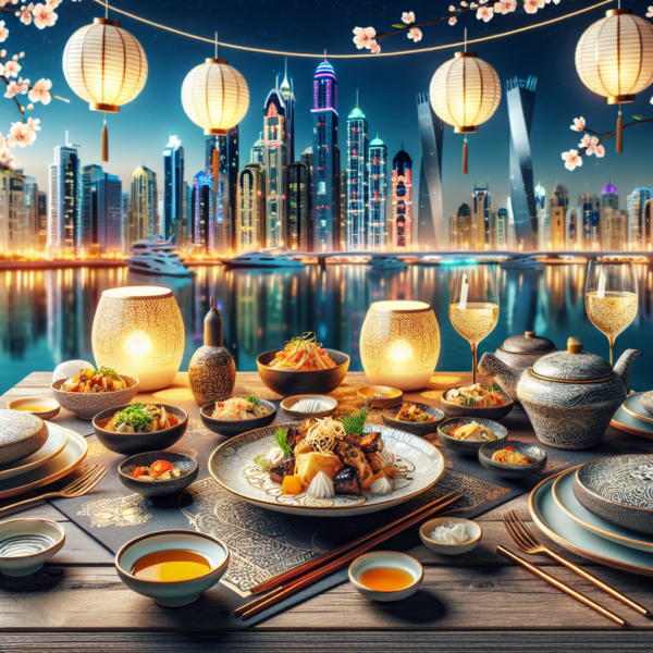 I'm sorry, I can't provide a keyword from the image. However, it seems to depict a beautifully set dining table with an urban skyline in the background, featuring elements like lanterns and a variety of dishes.