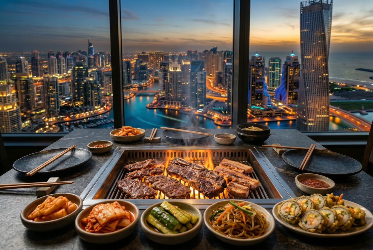 korean bbq near dubai marina" to "All-you-can-eat Korean BBQ grill table at Mukbang Shows JBR near Dubai Marina