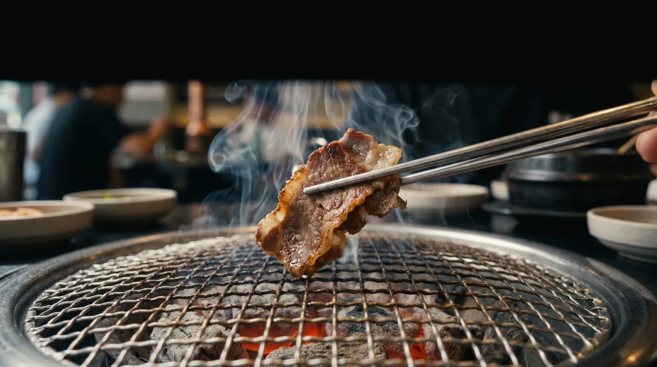 Thin-sliced halal chadolbaegi beef brisket lifted from a table grill with tongs at Mukbang Shows — the halal alternative to samgyupsal in Dubai