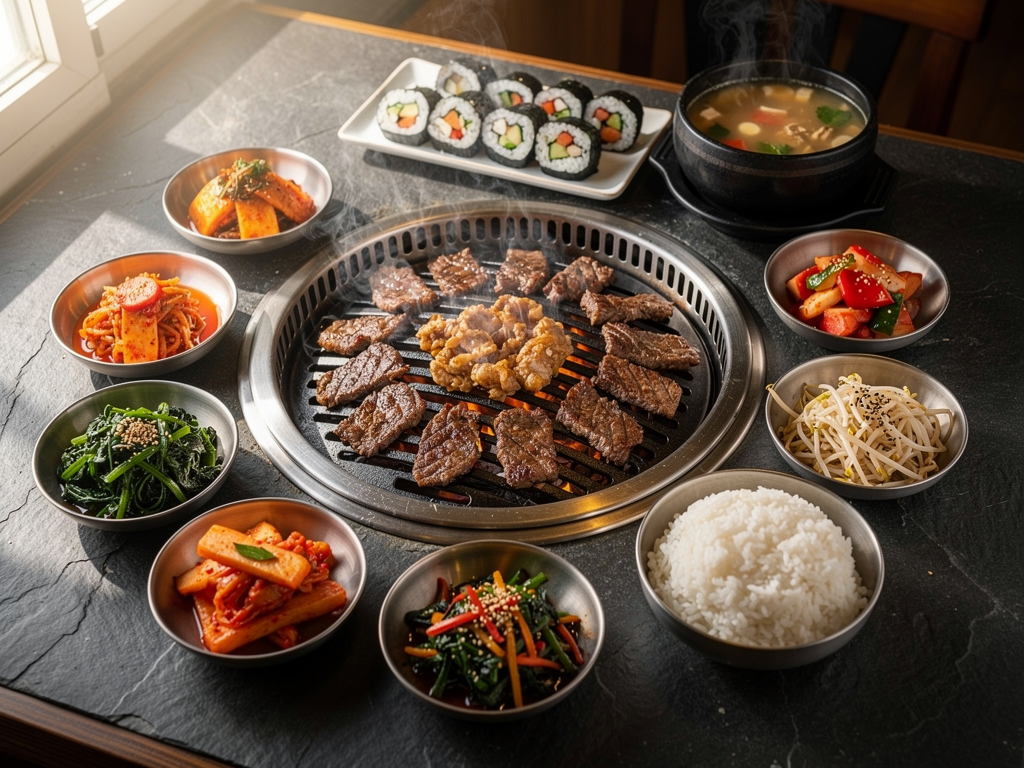 halal Korean food spread with unlimited Korean BBQ and banchan in Abu Dhabi