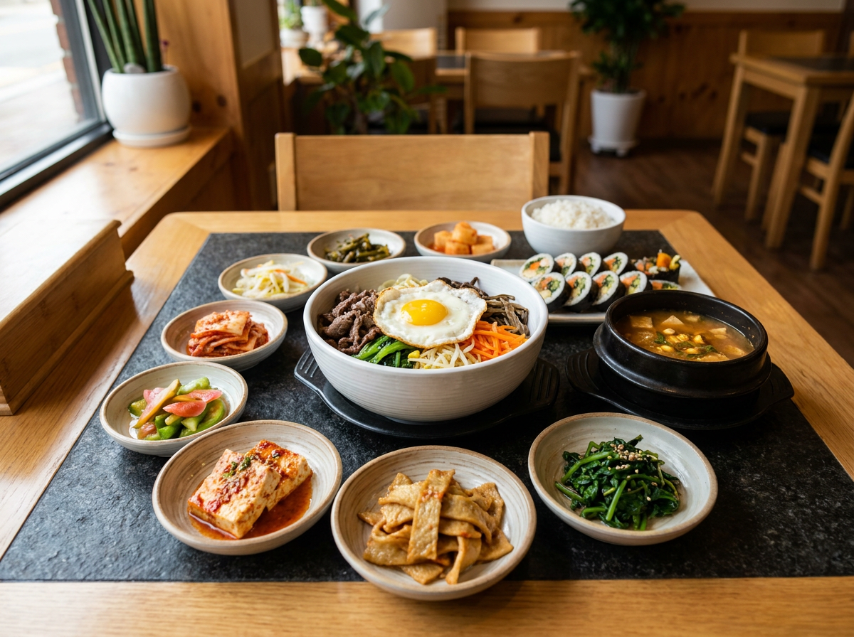 Best Bibimbap in Dubai (2026): Honest Local Guide 3 halal Korean food spread with bibimbap and banchan in Dubai