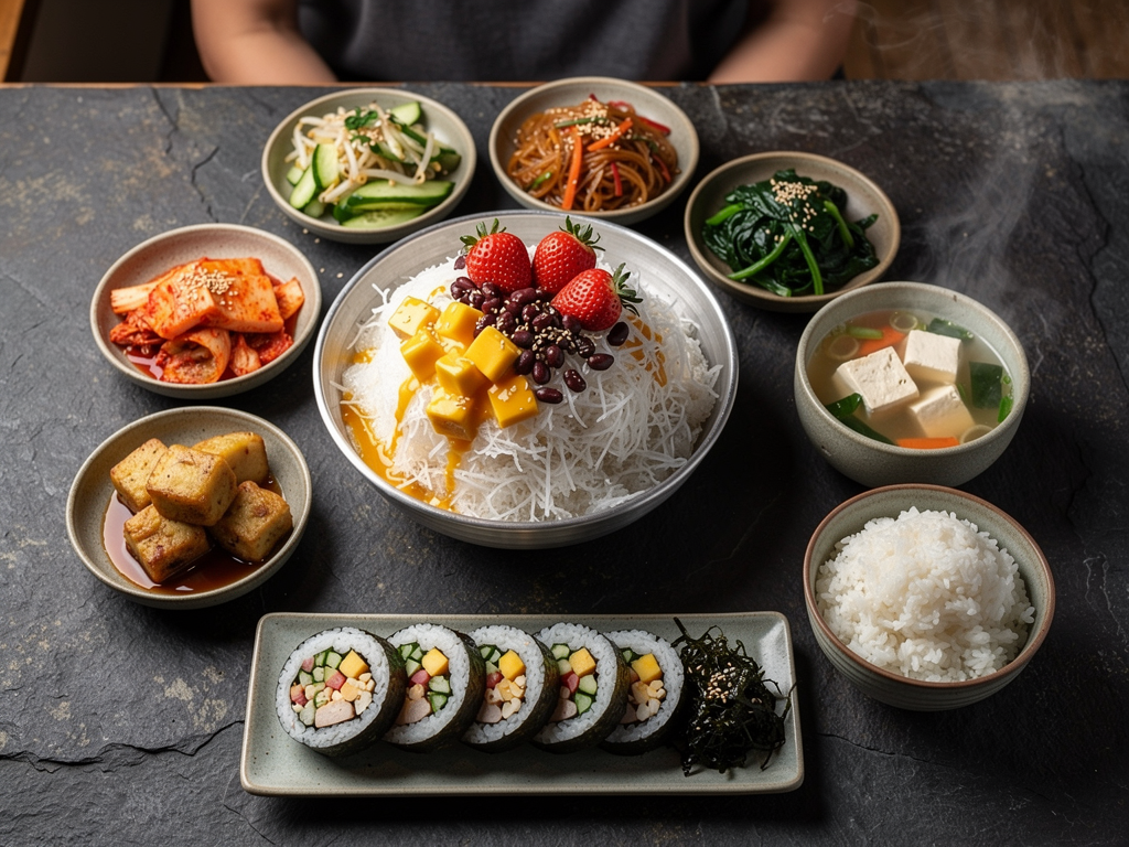 halal Korean food spread with bingsu and banchan in Dubai