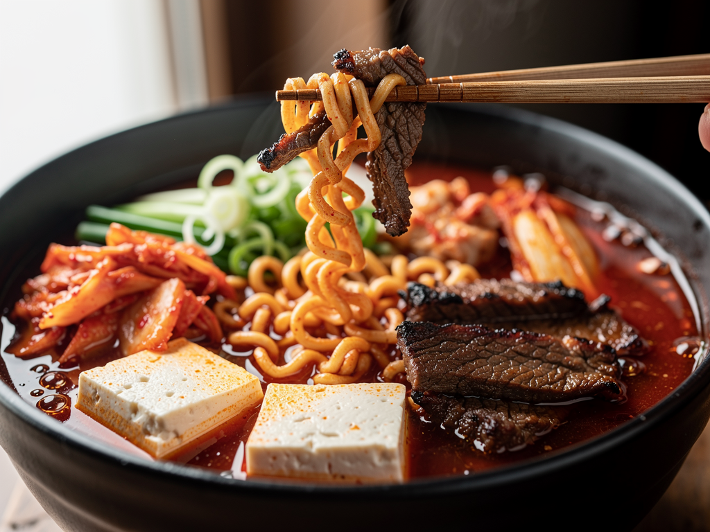 Korean army stew with beef, tofu, kimchi and ramen noodles at a halal restaurant in Abu Dhabi
