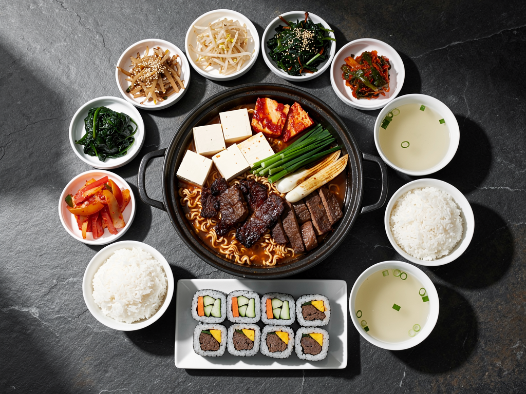 Korean stew and banchan spread on a table in Abu Dhabi