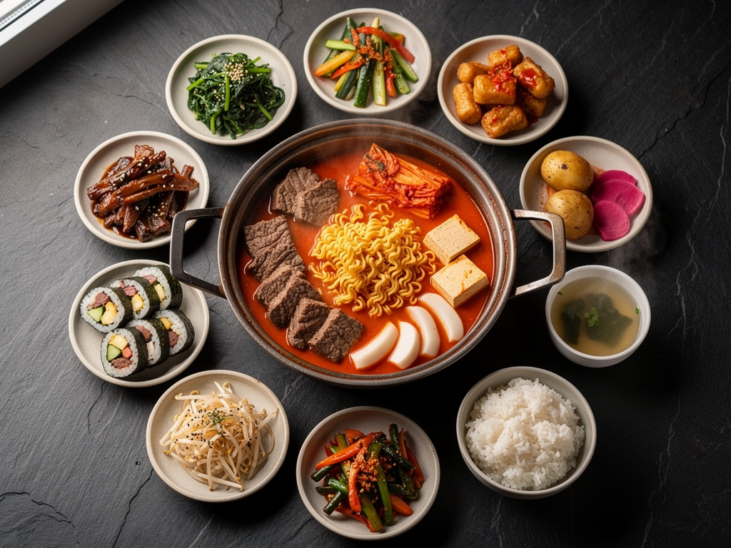 Best Budae Jjigae in Dubai (2026): Honest Local Guide 3 halal Korean food spread with budae jjigae and banchan in Dubai