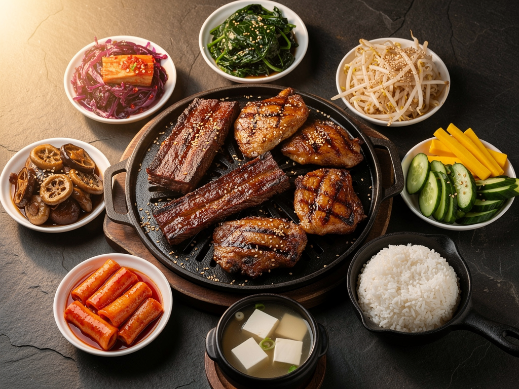 halal Korean food spread with unlimited Korean BBQ and banchan in Deira, Dubai