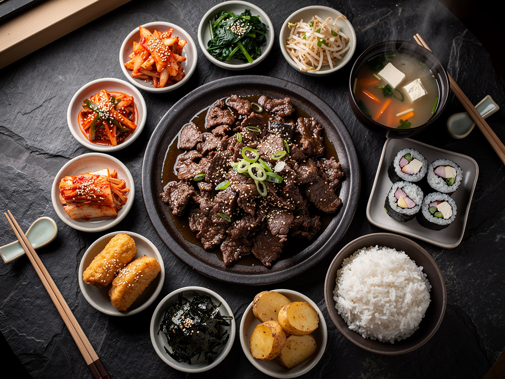 Best Bulgogi in Dubai (2026): Honest Local Guide 3 halal Korean food spread with bulgogi and banchan in Dubai
