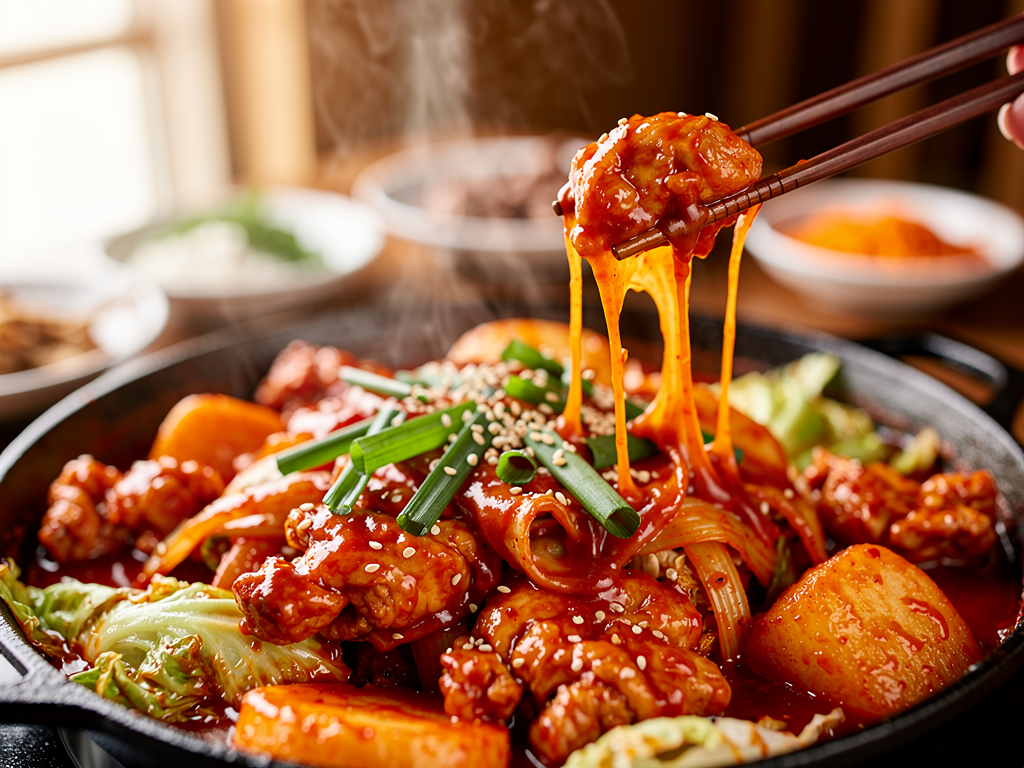 cheese dakgalbi close-up at a halal Korean restaurant in Abu Dhabi