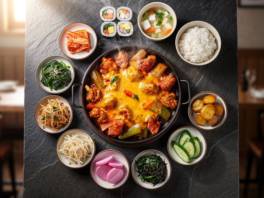 halal Korean food spread with dakgalbi and banchan in Abu Dhabi