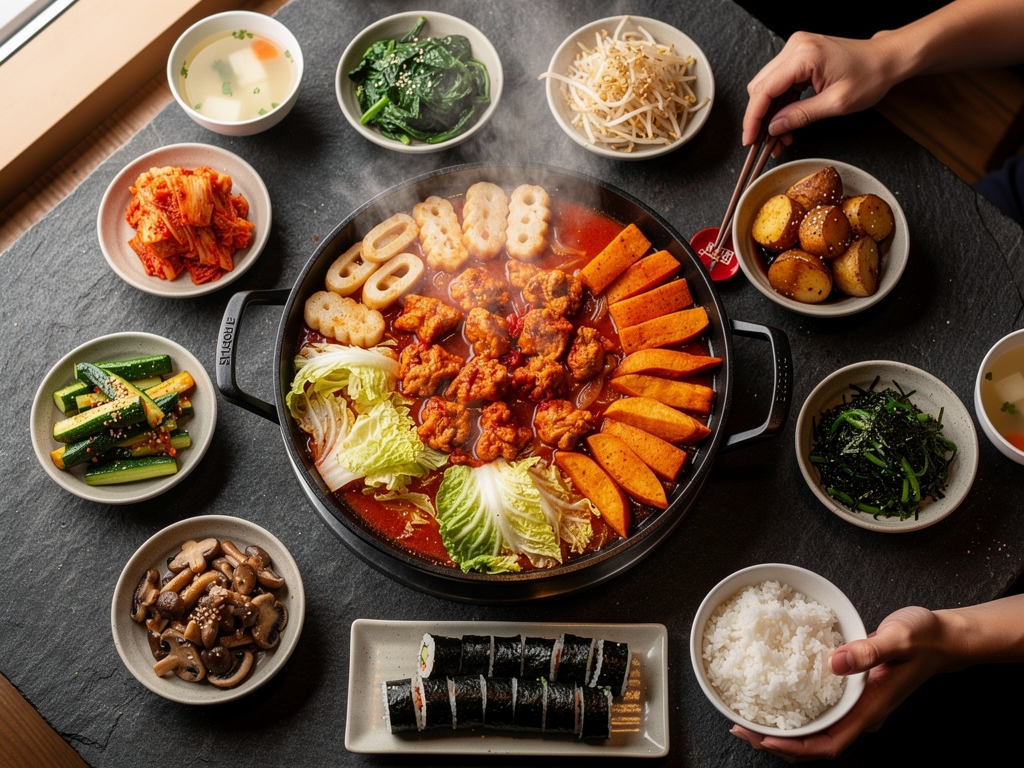 Best Dakgalbi in Dubai (2026): Honest Local Guide 3 halal Korean food spread with dakgalbi and banchan in Dubai