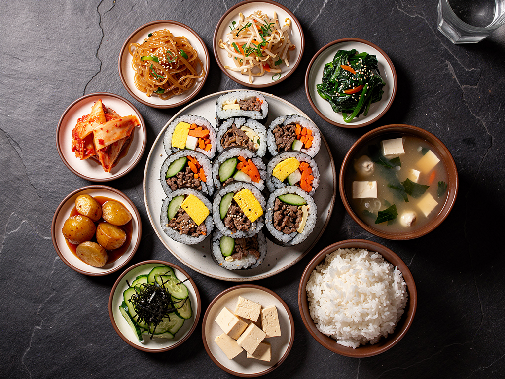 Best Gimbap in Dubai (2026): Honest Local Guide 3 halal Korean food spread with gimbap and banchan in Dubai