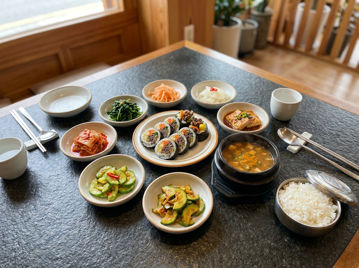 Best Halal Korean Food in Dubai (2026): Honest Local Guide 3 halal Korean food spread with halal korean food and banchan in Dubai