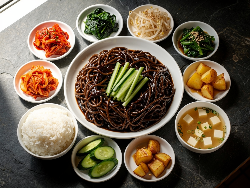 Best Jajangmyeon in Abu Dhabi (2026): Honest Local Guide 3 halal Korean food spread with jajangmyeon and banchan in Abu Dhabi