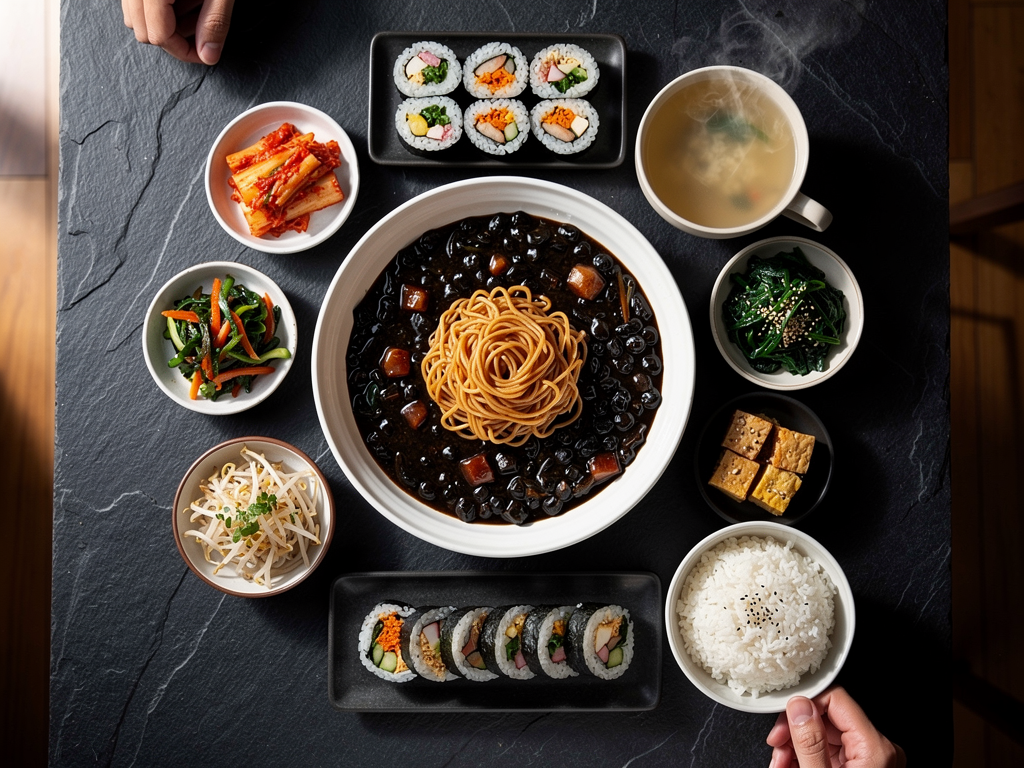 halal Korean food spread with jajangmyeon and banchan in Dubai
