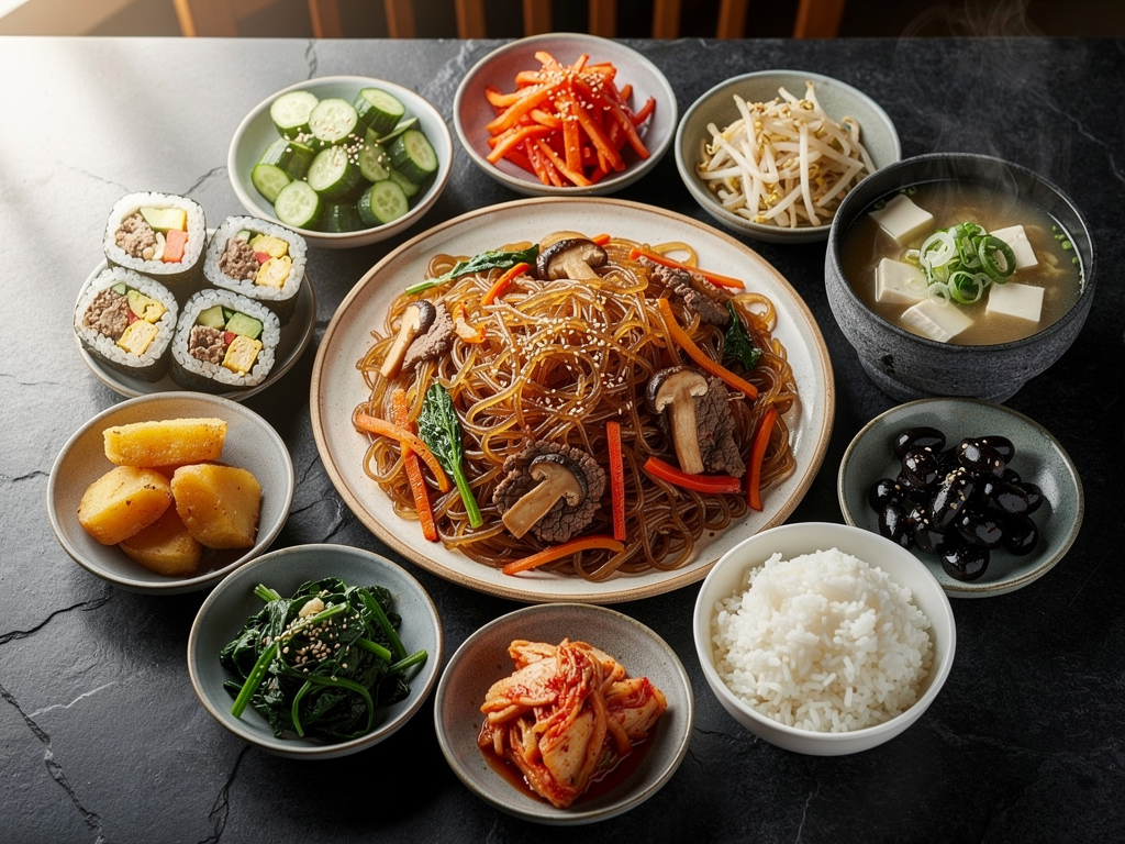 Best Japchae in Dubai (2026): Honest Local Guide 3 halal Korean food spread with japchae and banchan in Dubai