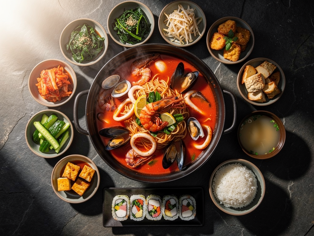 halal Korean food spread with jjampong and banchan in Dubai