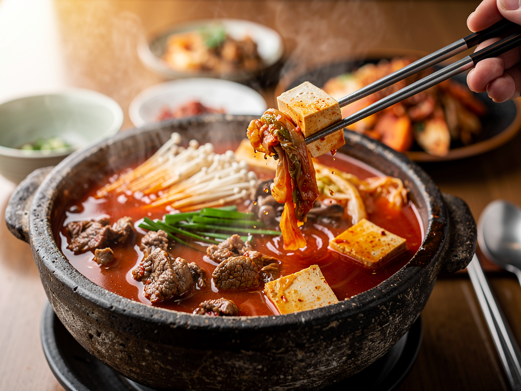 kimchi jjigae close-up at a halal Korean restaurant in Dubai