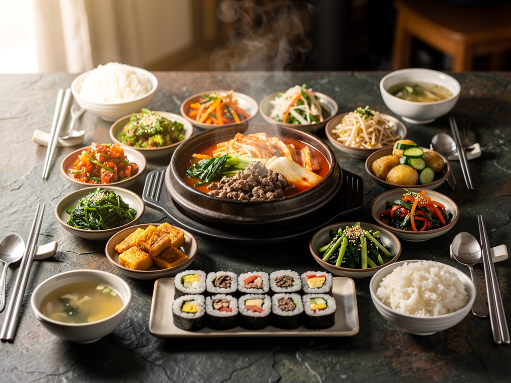 halal Korean food spread with kimchi jjigae and banchan in Dubai