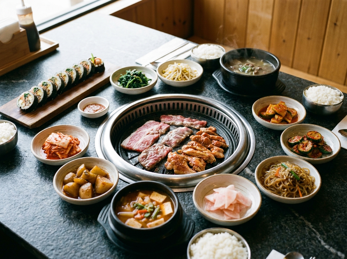 Best Korean BBQ in Abu Dhabi (2026): Honest Local Guide 3 halal Korean food spread with korean bbq and banchan in Abu Dhabi