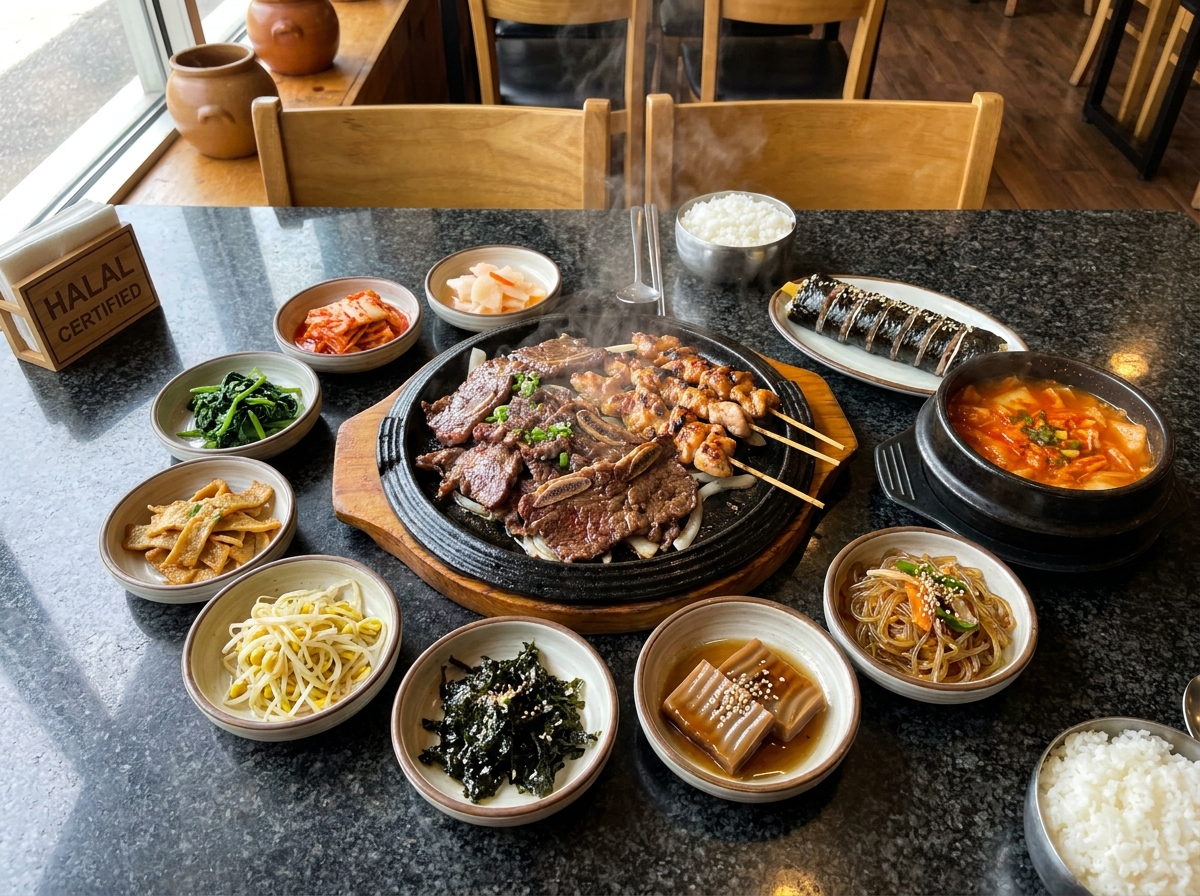 Best Korean BBQ in Dubai (2026): Honest Local Guide 3 halal Korean food spread with korean bbq and banchan in Dubai