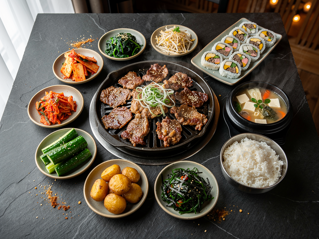 Best Korean Bbq in Sharjah (2026): Honest Local Guide 3 halal Korean BBQ spread with banchan near Sharjah