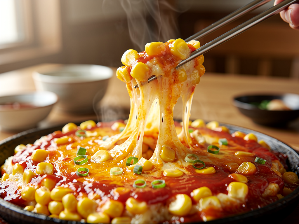 Mukbang Shows corn cheese — mozzarella cheese pull over sweetcorn