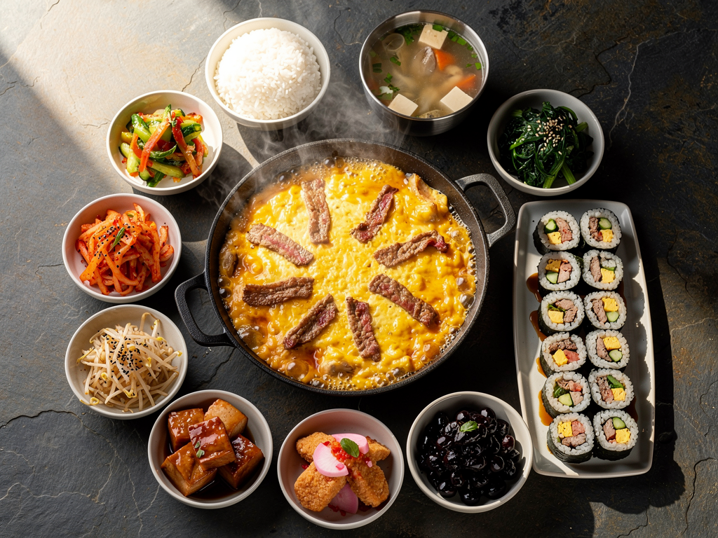 Korean BBQ spread with corn cheese, grilled beef and banchan in Dubai