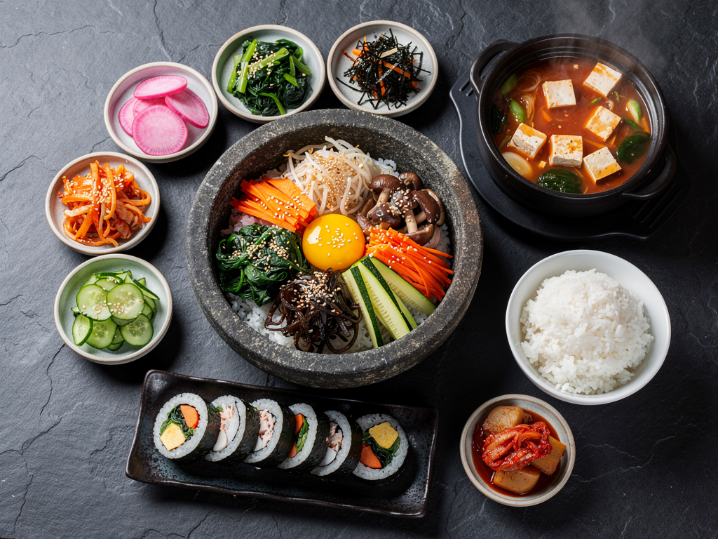 halal Korean food spread with korean food and banchan in Abu Dhabi