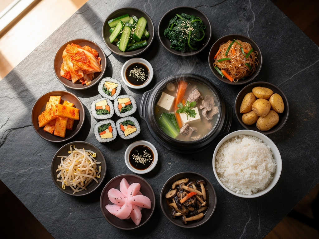 halal Korean food spread with korean food and banchan in Ajman
