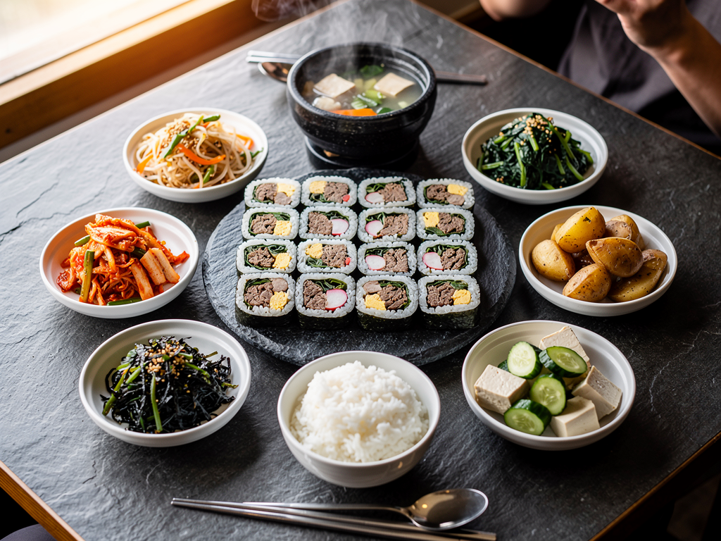 Best Korean Food in Sharjah (2026): Honest Local Guide 3 Korean food spread with banchan, gimbap and grilled beef