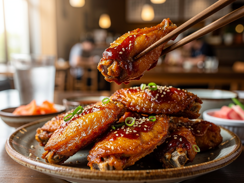 Best Korean Fried Chicken in Abu Dhabi (2026): An Honest Local Guide 2 Korean fried chicken wings with sesame and spring onion at a Korean restaurant in Abu Dhabi