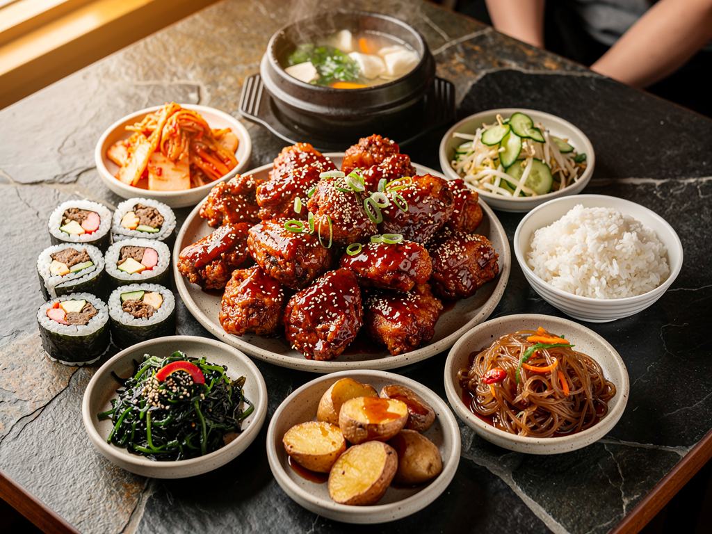 Best Korean Fried Chicken in Abu Dhabi (2026): An Honest Local Guide 3 Korean fried chicken spread with kimchi, gimbap, rice, japchae and soup