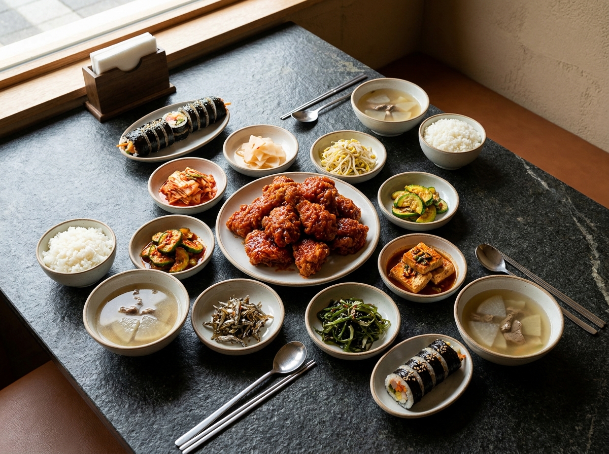 Best Korean Fried Chicken in Dubai (2026): Honest Local Guide 3 halal Korean food spread with korean fried chicken and banchan in Dubai