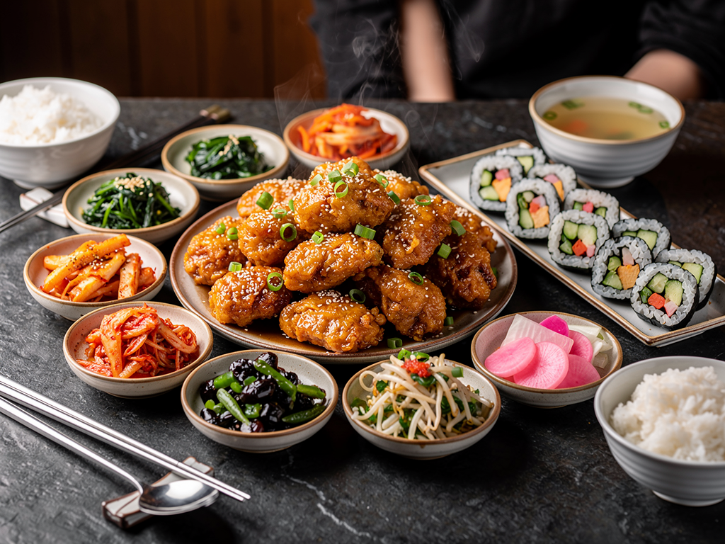 Best Korean Fried Chicken in Sharjah (2026): Honest Local Guide 3 halal Korean food spread with korean fried chicken and banchan in Sharjah