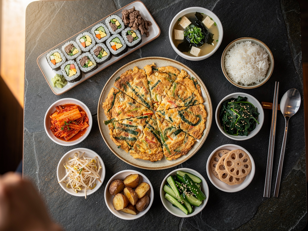 Best Korean Pancake in Dubai (2026): Honest Local Guide 3 halal Korean food spread with korean pancake and banchan in Dubai