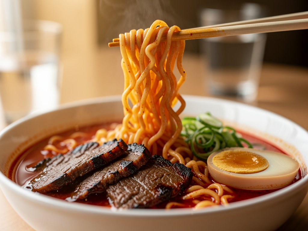 korean ramyeon noodles in spicy broth with grilled beef, Abu Dhabi