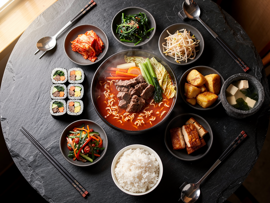 halal Korean noodle spread with banchan and gimbap in Abu Dhabi