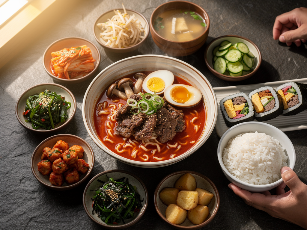 halal Korean food spread with korean ramen and banchan in Dubai