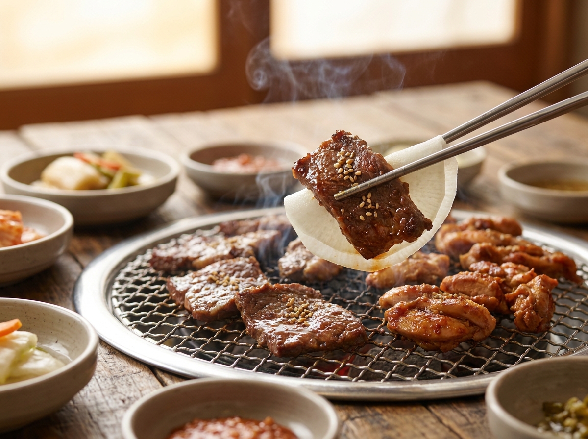 Best Korean Restaurant in Abu Dhabi (2026): Honest Local Guide 2 Korean BBQ and banchan close-up at a halal Korean restaurant in Abu Dhabi
