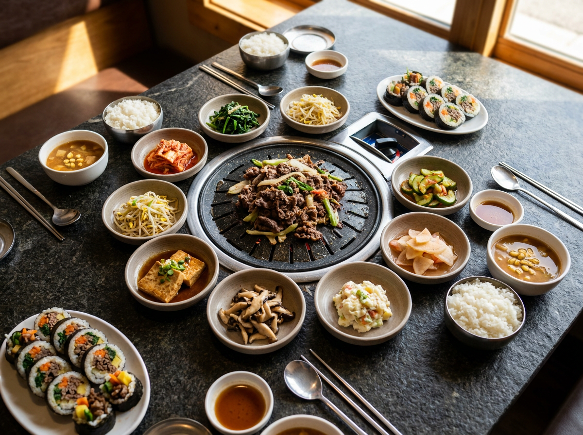 Best Korean Restaurant in Abu Dhabi (2026): Honest Local Guide 3 halal Korean food spread with Korean BBQ and banchan in Abu Dhabi