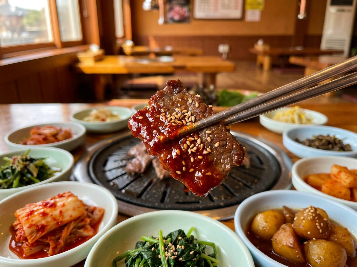 Best Korean Restaurant in Dubai (2026): Honest Local Guide 2 Korean BBQ and banchan close-up at a halal Korean restaurant in Dubai