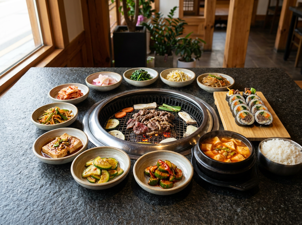 Best Korean Restaurant in Dubai (2026): Honest Local Guide 3 halal Korean food spread with Korean BBQ and banchan in Dubai