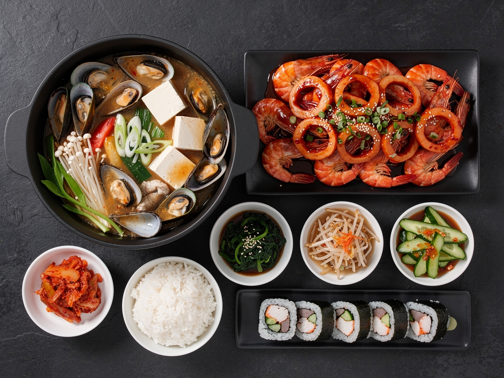 halal Korean food spread with korean seafood and banchan in Dubai