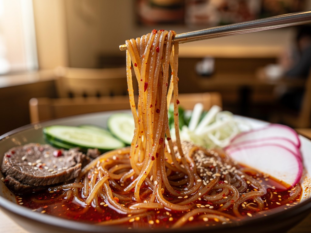 naengmyeon close-up at a halal Korean restaurant in Dubai