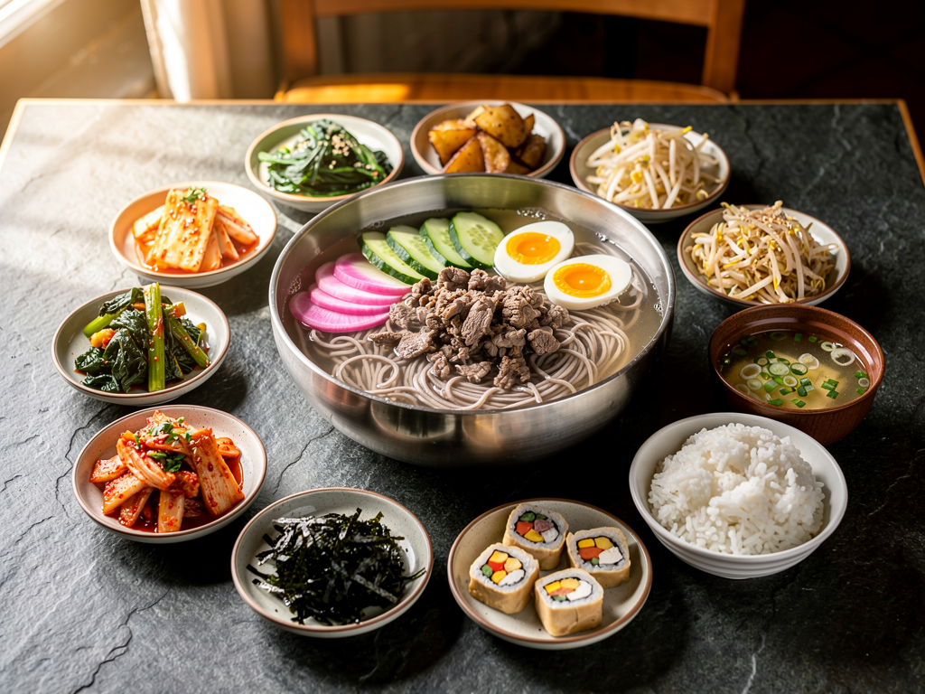 halal Korean food spread with naengmyeon and banchan in Dubai